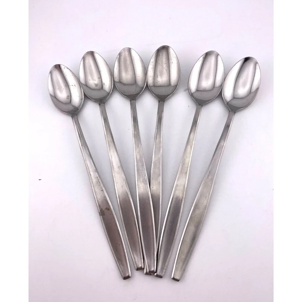 Vtg BUFFALO JAPAN Stainless 6pc Long Dessert Drink Spoons Flatware Silverware